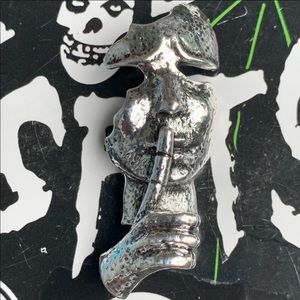 Large Carved Tibetan Silver Face Mask Brooch